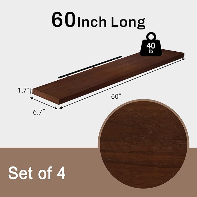 Floating Shelves for Wall, 60 Inch Extra Long Walnut Wall Shelves, Set of 4, Hanging Invisible Brackets Floating Shelves for Living Room,Bedroom,and Kitchen
