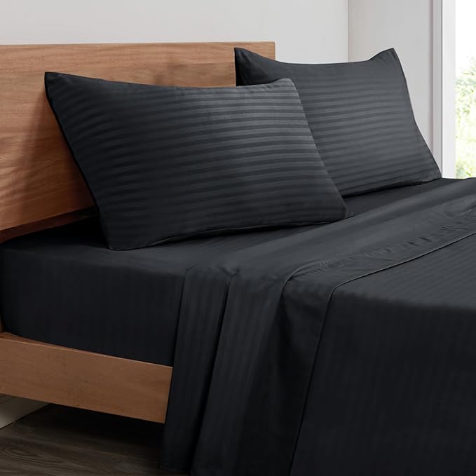 Mejoroom Striped Queen Size Sheet Set - Hotel Luxury 1800 Bedding Sheets & Pillowcases - Deep Pocket Fitted Sheet, Soft, Breathable, Wrinkle & Fade Resistant - 4 Piece (Black)