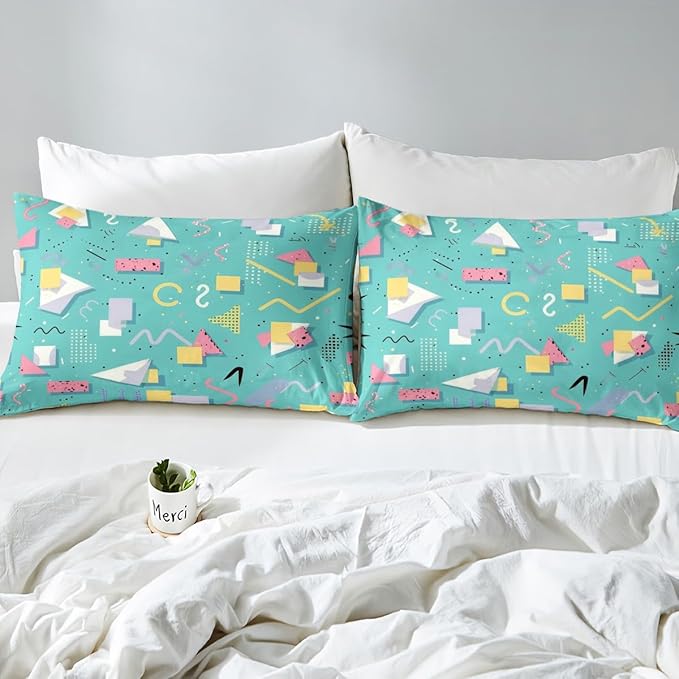 Memphis Geometric Pattern Comforter Cover Set King Size,Retro Style Round Half Moon Triangle Shapes Artwork Duvet Cover Colorful Graphic 80s 90S Style Bedding Set Abstract 1990S Memphis Home Decor