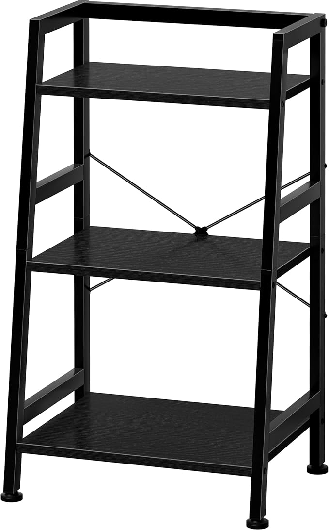 3-Tier Bookshelf, Ladder Shelf, Stand up Shelves, Industrial Bookcase with Steel Frame, Metal Small Bookcase, for Living Room, Home Office, Kitchen, Bedroom, Industrial Style（Black）