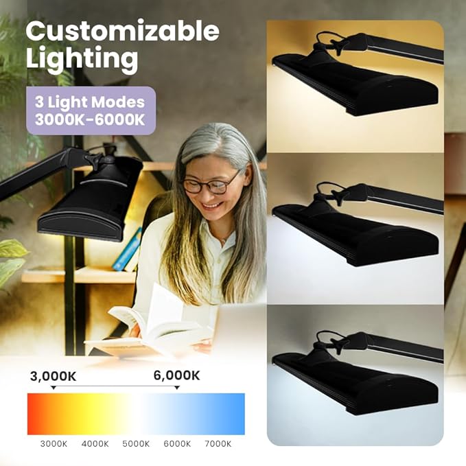Neatfi LED Desk Lamp, 3,500 Lumens, 3 Light Modes, Dimmable, 45W, 26” Wide Shade, 540 SMD LEDs, Eye-Caring Task Lamp for Reading, Crafting, Workbench, Office (CCT with Base, Black)