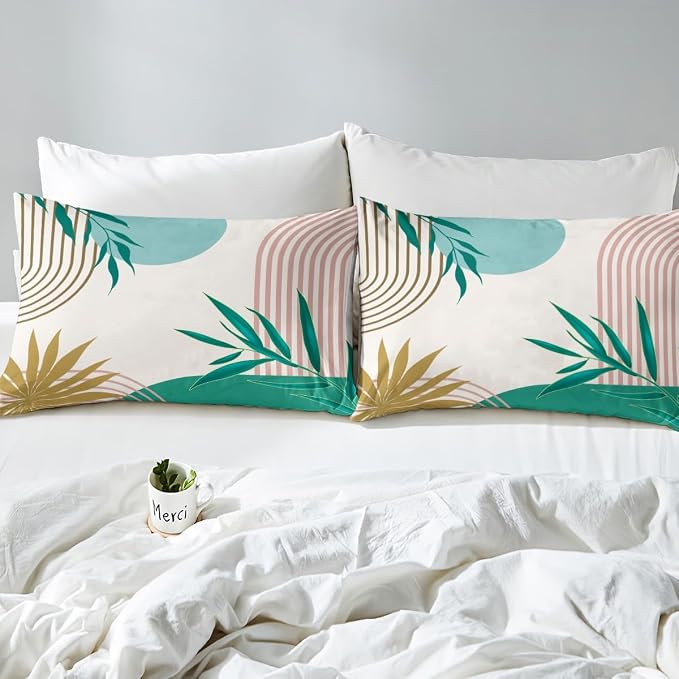 Erosebridal Mid Century Green Pink Comforter Cover King for Kids Teens Adults,Abstract Modern Boho Duvet Cover,Plant Botanical Bedding Set,Minimalist Aesthetic Bed Set 3 Pcs Bedroom Decor