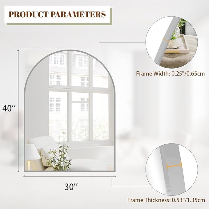 BEAUTYPEAK 30"x40" Arch Bathroom Mirror, Wall Mounted Vanity Metal Frame Mirror for Bedroom, Entryway, Living Room, Silver