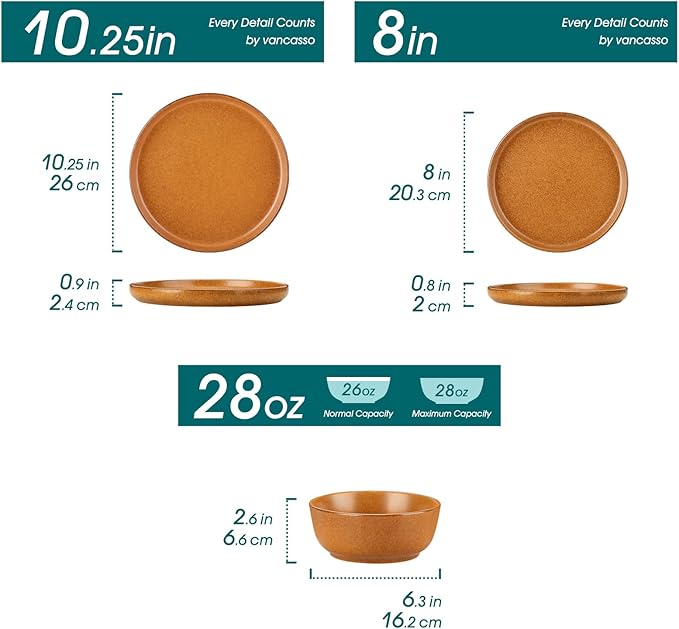 vancasso Plates and Bowls Sets, 18 Pieces Stoneware Dinnerware Set for 6, Ceramic Dish Set for Kitchen, Microwave and Dishwasher Safe, Caramel Yellow, Series ZERMATT