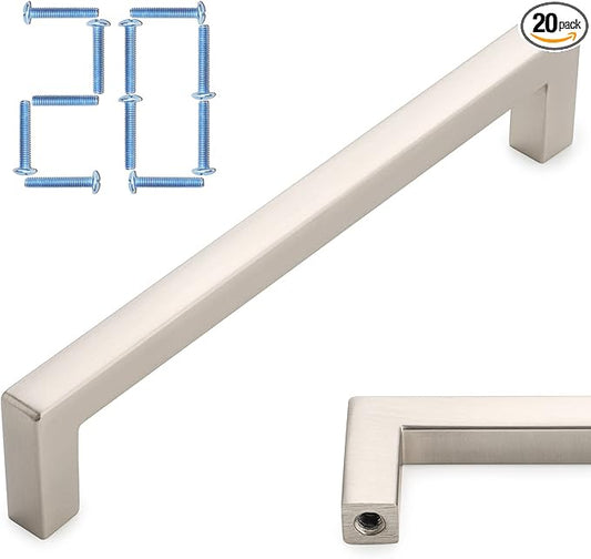 KOOFIZO 20-Pack Solid Square Bar Cabinet Handle - Brushed Nickel Furniture Pull, 5 Inch/128mm Screwhole Distance for Kitchen Cupboard Door, Bedroom Dresser Drawer, Bathroom Wardrobe Hardware