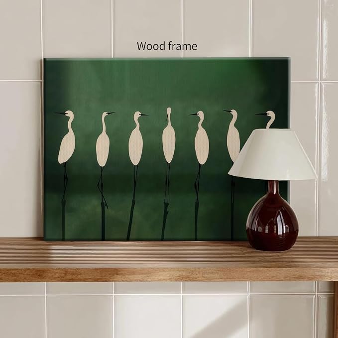 Japanese Cranes Wall Art 24x36 inch Wrapped Framed Retro Bird Animal Canvas Poster Nature Minimalist Green Home Prints for Living Room Bedroom Office Decor