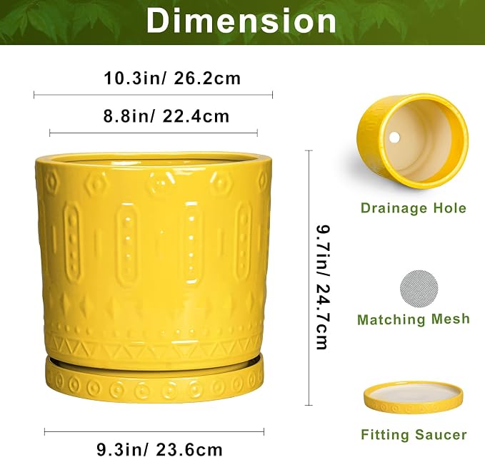 Eightpot Ceramic Pots for Plants, 10 Inch Plant Pot with Drainage Holes and Tray, Round Planter for Indoor Outdoor Plants, Modern Decorative Flower Pots, Office Decor, Birthday Gift for Women, Yellow