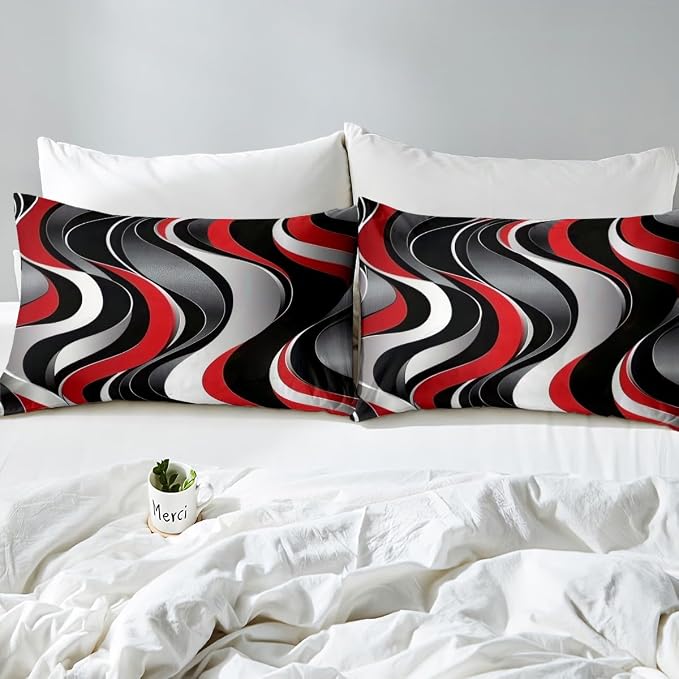 Erosebridal Geometric Wavy Lines Comforter Cover King for Kids Teens Adults,Minimalist Abstract Art Duvet Cover,Modern Aesthetic Bedding Set,Red Grey Black Bed Set with 2 Pillowcases Bedroom Decor
