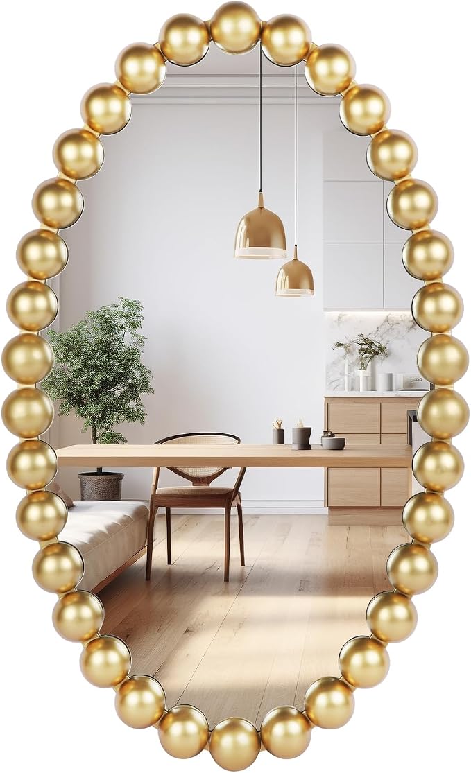 Oval Round Wall Mirror - 30 Inch Decorative Framed Bathroom/Living Room Accent Mirror with Beaded Ball Trim - Vintage Modern Style