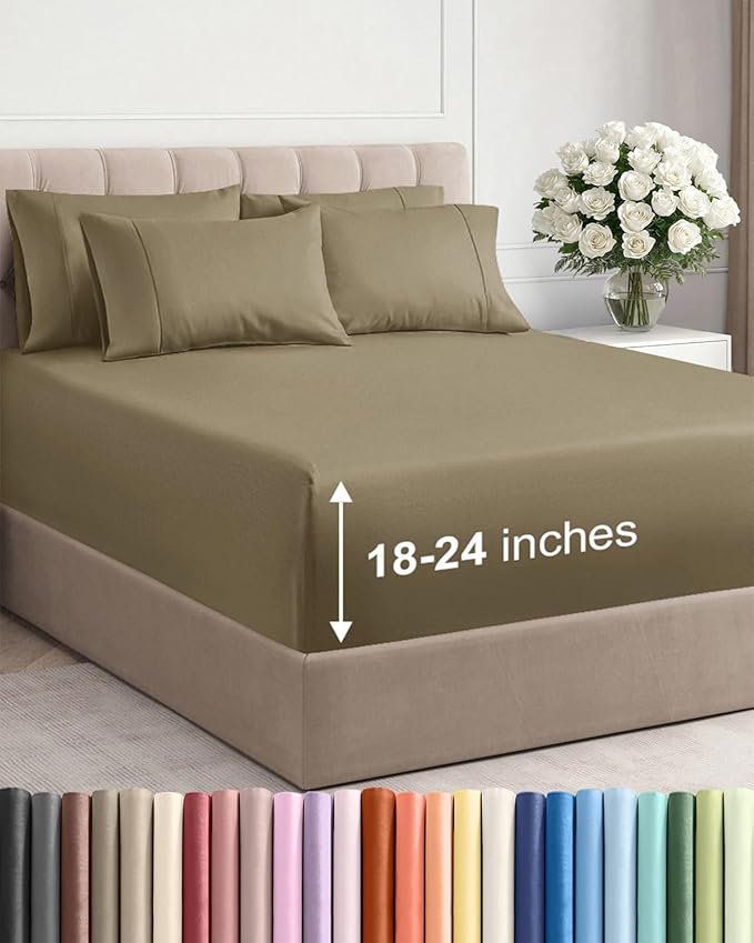 Extra Deep Cal King Sheet Set - 6 Piece Breathable and Cooling Sheets - Hotel Luxury Bedding for Women, Men, Kids & Teens - Easy Secure Fit - Soft, Wrinkle Free and Comfy - Extra Deep Pockets - Khaki