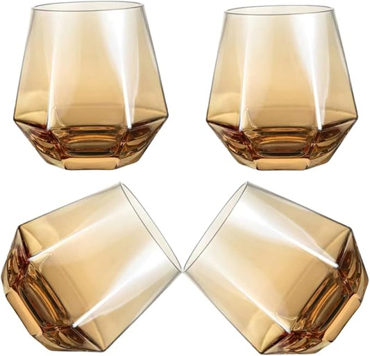 Wine Glasses Set Of 4,Stemless Diamond Shape 10 Oz Amber Christmas Glassware Dishwasher Safe, Spill-Proof Design For Red Wine, Cocktail, Whiskey, Bourbon, for Wine Lovers (Amber)