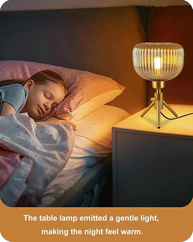 Lightdot Tripod Glass Table Lamp Gold Small Desk Lamp with Brown Striped Glass Shade, 3000K Warmwhite Dimmable Nightstand Lamp for Bedroom/Bedside/Living Room/Study Room/Home Decor