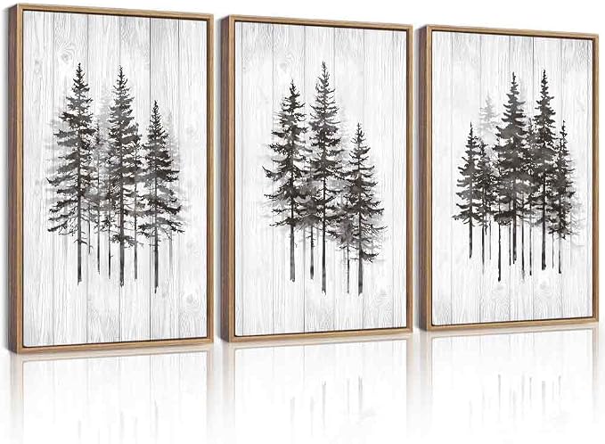 KUVIOKE Woodcut Pine Tree Framed Wall Art Nature Abstract Forest Wall Decor Rustic Minimalist Painting for Bedroom Dining Room 16x24in (Natural Framed)