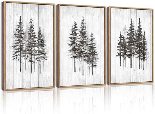 KUVIOKE Woodcut Pine Tree Framed Wall Art Nature Abstract Forest Wall Decor Rustic Minimalist Painting for Bedroom Dining Room 16x24in (Natural Framed)