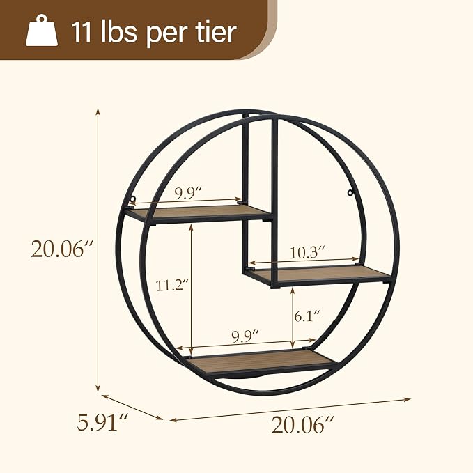 Industrial Style Round Wall Shelves - 3 Tier Metal Hanging Circle Floating Shelves for Bathroom Living Room Wall Decor, 21 Inch