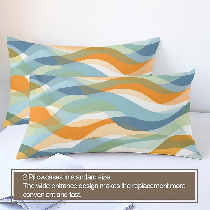 Retro Gradient Stripes Duvet Cover Oversized King, Modern Bedding Set 3 Piece Bedroom Decor Abstract Marine Waves Comforter Cover and 2 Pillow Sham with Zipper Closure