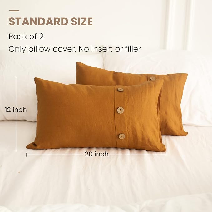Simple&Opulence 100% Linen Lumbar Pillow Cover 12 x 20 Inch Set of 2 Rectangular Decorative Pillow Cover with Vintage Triple Coconut Button for Couch Sofa Bed Living Room Office Décor - Rust