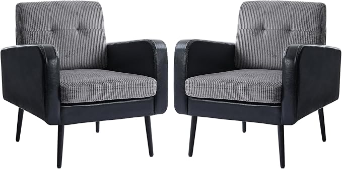 Comfy Accent Chair for Living Room Chairs Mid Century Modern Reading Chair Accent Chairs Set of 2 with Metal Legs,Upholstered Arm Chair for Bedroom Office Waiting Room (Black & Grey,2)