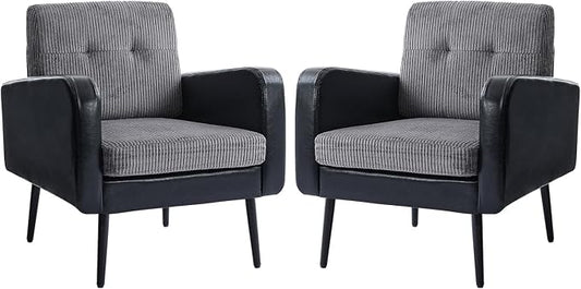 Comfy Accent Chair for Living Room Chairs Mid Century Modern Reading Chair Accent Chairs Set of 2 with Metal Legs,Upholstered Arm Chair for Bedroom Office Waiting Room (Black & Grey,2)