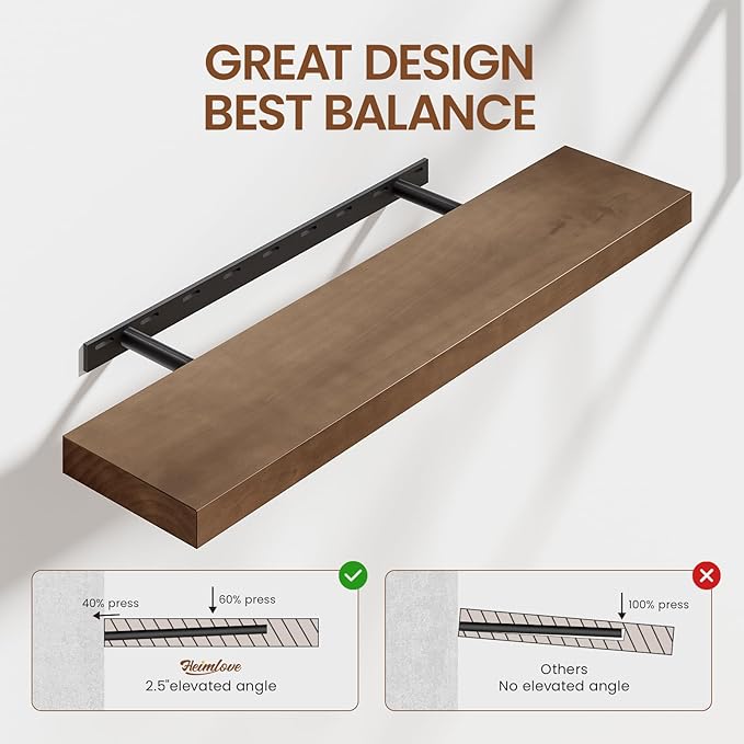 Heimlove 36 Inch Floating Shelves for Wall Walnut Shelves Set of 2,Wall Mounted Rustic Wood 8 Inch Deep Floating Shelf with Invisible Brackets for Bedroom Kitchen Living Room