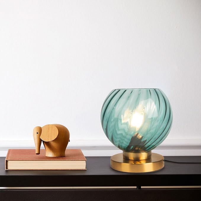 Mid Century Table Lamp, Globe Desk Lamp with Blue Handblown Glass Shade, Gold Metal Nightstand Night Light for Room Home Office Desk Dorm Studyroom (Blue)