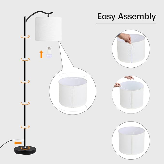 BoostArea Modern LED Arched Floor Lamp with Natural Linen Shade, 3 Brightness Levels, E26 Socket, Footswitch, 63-inch Tall, White