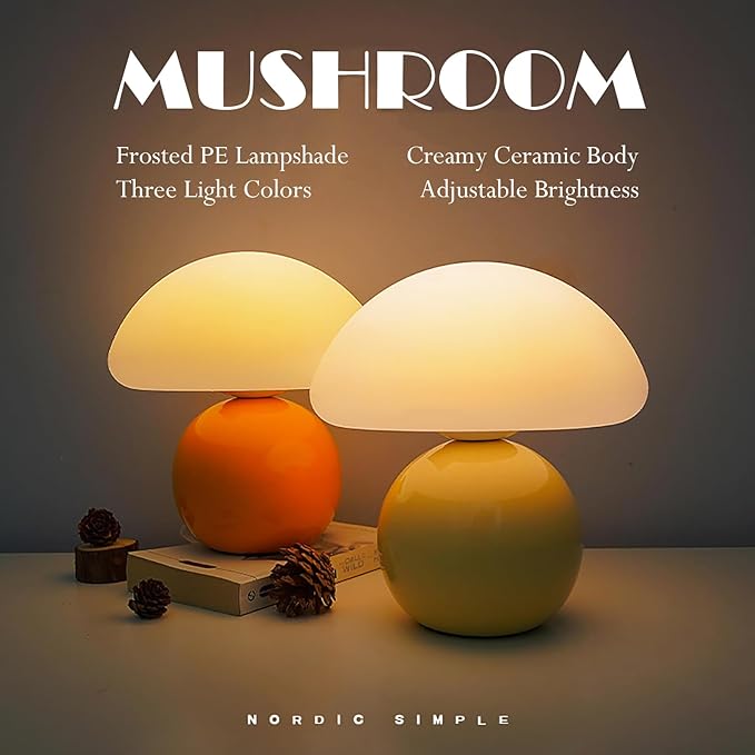 Cute Small Mushroom Lamp, PE Lampshade, Ceramic Base, Adjustable Light Color and Brightness with Power-Off Memory, Safe USB Powered, LED Mushroom Light for Bedroom Living Room (Orange)