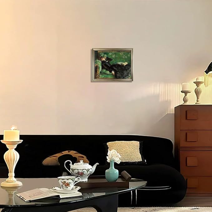 Framed Vintage Woman Reading Book Canvas Wall Art Moody Black and Green Oil Painting Living Room Bedroom Decor Home Artwork