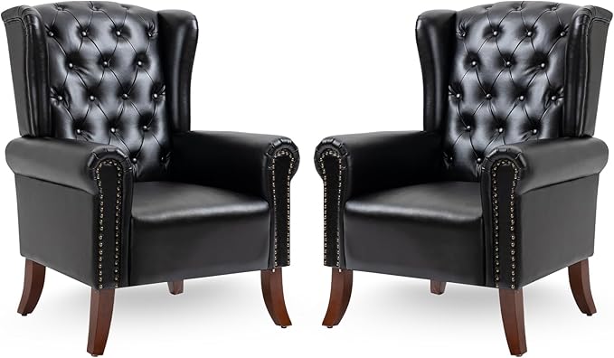 MOJAY Faux Leather Accent Chairs Set of 2, Mid-Century Modern Living Room Chairs Upholstered Club Arm Chair, Single Sofa Chair with Solid Wooden Legs for Bedroom Study Home Office Lounges (Black)