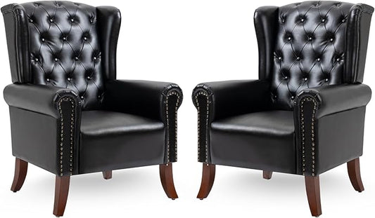 MOJAY Faux Leather Accent Chairs Set of 2, Mid-Century Modern Living Room Chairs Upholstered Club Arm Chair, Single Sofa Chair with Solid Wooden Legs for Bedroom Study Home Office Lounges (Black)
