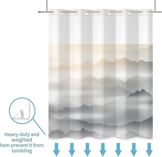 No Hook Shower Curtain with Snap in Fabric Liner Set Nature Misty Mountains Shower Curtains for Bathroom Modern Double Layers Waterproof with See Through Top Window Bath Curtain 71x74 Inch