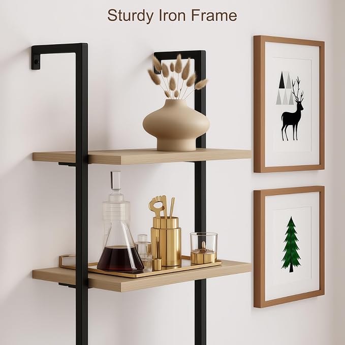 Rattan Bookcase, 6 Tier Ladder Bookshelf with Rattan Cabinet, Wall Mount Tall Bookshelves and Bookcases with Metal Storage Shelves Display for Living Room Bedroom Home Office, Oak