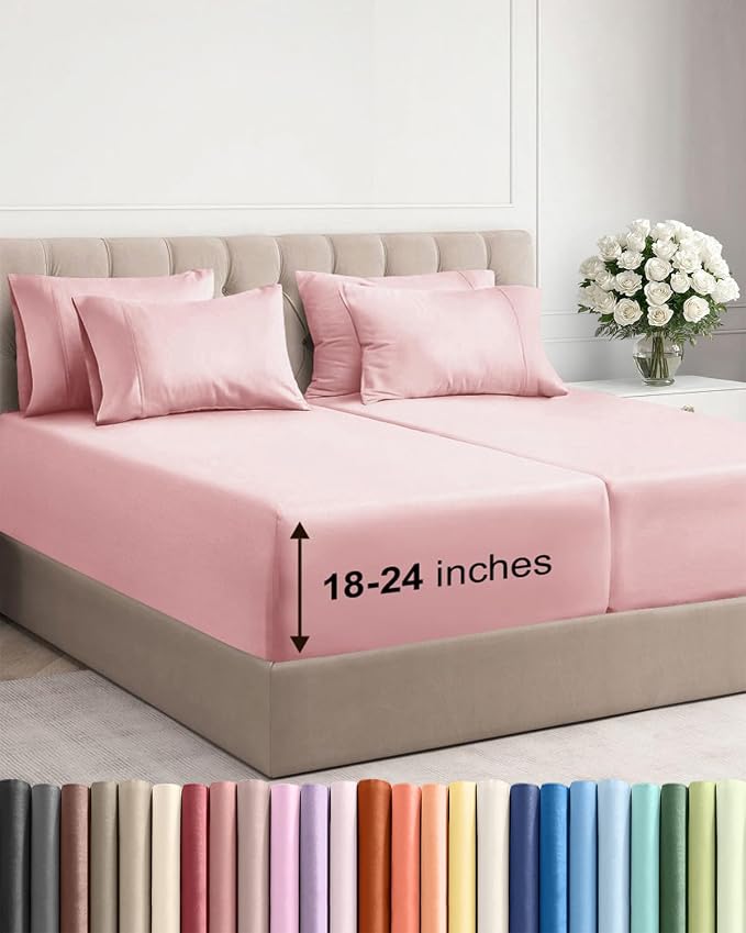 Extra Deep Split King Sheet Set - 7 Piece Breathable and Cooling Sheets - Hotel Luxury Bedding for Women, Men, Kids & Teens - Easy Secure Fit - Soft and Wrinkle Free - Extra Deep Pockets - Baby Pink