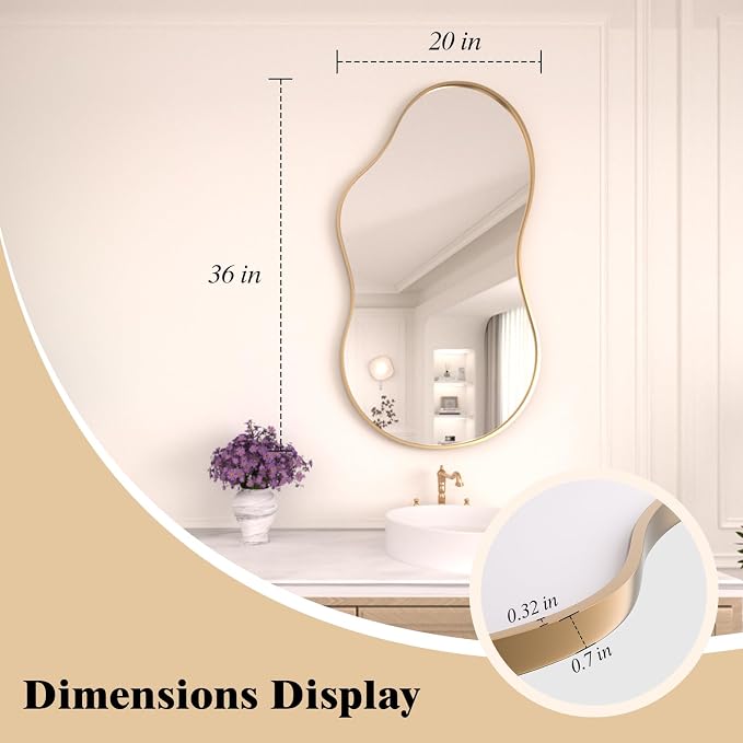 WEER Irregular Wall Mirror, 20x36 inch Gold Asymmetrical Wall Mounted Mirrors Decorative, Abstract Wavy Aluminum Alloy Frame for Bathroom, Bedroom, Living Room, Entryway