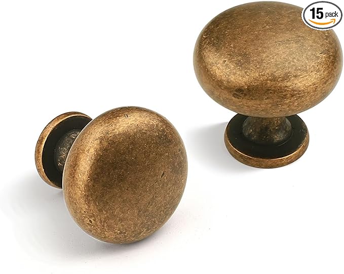 15 Pack Antique Brass Drawer Knobs, Round Kitchen Cabinet Knobs Solid Zinc Alloy, Vintage Single Hole Cupboard Door Knobs, Diameter:1-1/5 Inch
