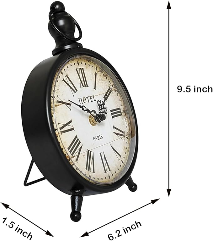 HZDHCLH Vintage Table Clock Battery Operated,Retro Mantel Clock for Living Room Fireplace Decor,Silent Metal Desk Clock(Black)
