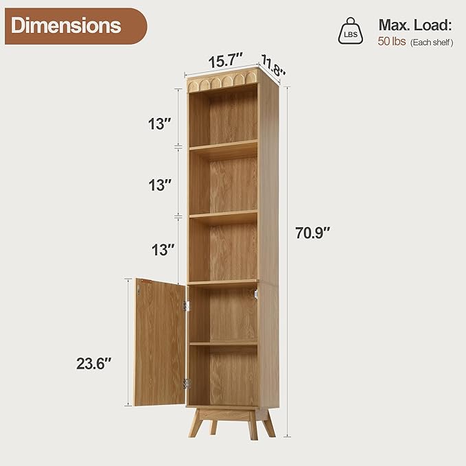 71" Tall Narrow Bathroom Storage Cabinet with Door, Small Fluted Cabinet with Adjustable Shelves & 3-Tier Open Shelf, Modern Freestanding Slim Organizer for Space Saving Living Room Kitchen (Natural)