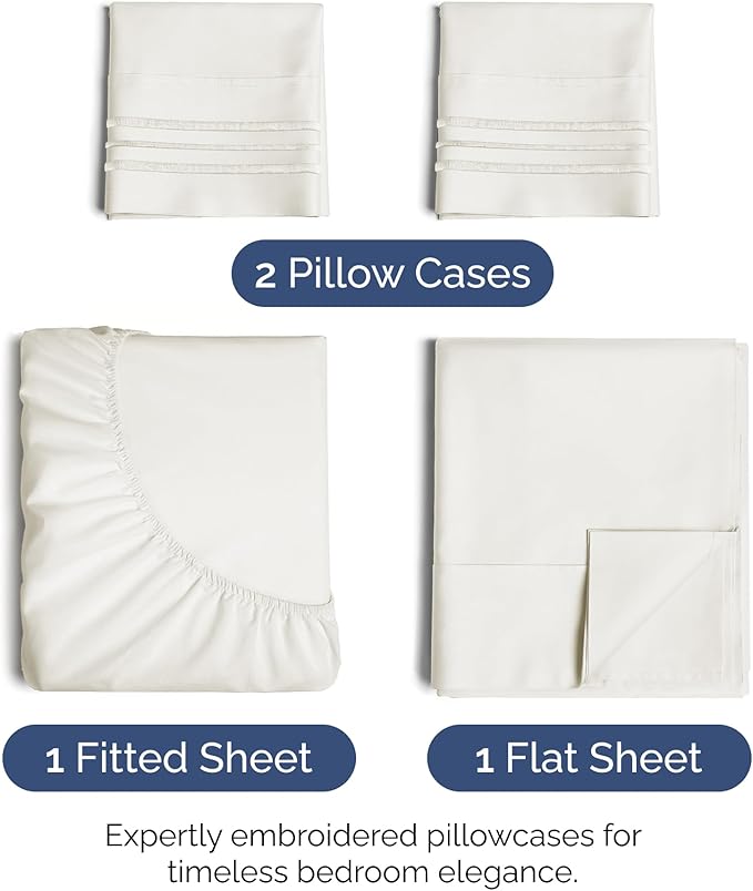 Cal King Size 4 Piece Sheet Set - Extra Soft, Breathable & Cooling Sheets - Hotel Luxury Bed Sheets for Women & Men - Deep Pockets, Easy-Fit & Wrinkle-Free Sheets - Antique White Oeko-Tex Bed Sheets