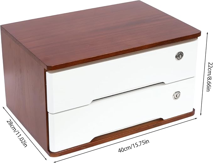 Desktop File Organizer with Lock, 2/3/4 Tier Multi-Drawer Wooden Storage Cabinet, Office Supply Organizer for Home Desk, Study & Workplace (Wine Red + White, 2 Layers)