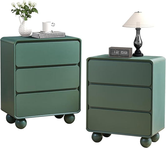 AVZEAR Set of 2 Modern3 Drawer Dresser for Bedroom, Curved Wooden Dresser Chest of Drawers, 3 Drawer Nightstand Closet Clothes Storage Organizer for Kids Bedroom, Living Room, Nursery, Green