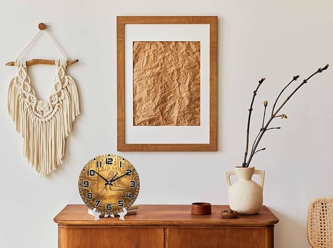 Egyptian Hieroglyphics Wall Clock Ancient Golden Art Historical Civilization Battery Powered Wall Clock Silent Non Ticking 10 Inch for Living Room, Kitchen, Home,Bathroom, Bedroom
