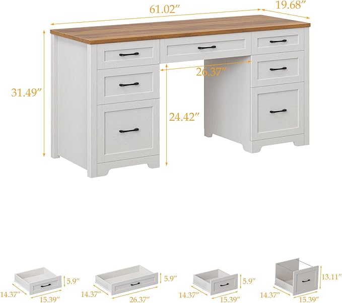 Vabches Farmhouse 61'' Executive Desk with 7 Drawers, Rustic Office Desk Computer Table with File Drawers, Wood Workstation for Home Office and Study,Unique White