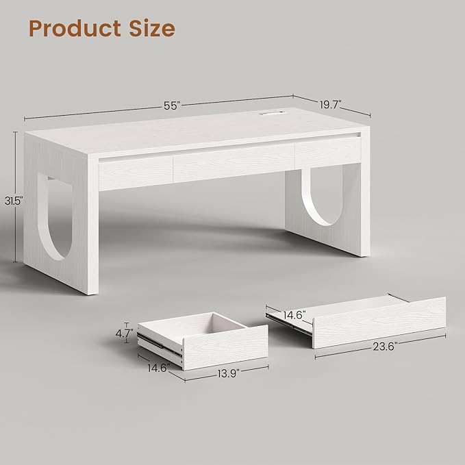 SEDETA 55" Office Desk with 3 Drawers, Modern Executive Desk with U-Shaped Legs, Wood Computer Desk with Power Outlet, Home Office Desks with Relief Texture, White
