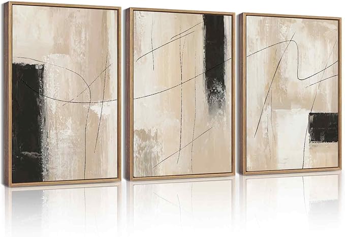 KUVIOKE Abstract Framed Wall Art Minimalist Beige Pastel Watercolor Neutral Wall Decor Modern Black Line Art Painting for Bedroom Dining Room 12x16in (Natural Framed)