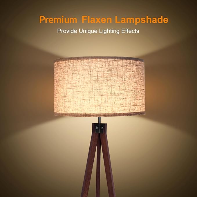 LEPOWER Wood Tripod Floor Lamp, Mid Century Standing Lamp, Modern Design Studying Light for Living Room, Bedroom, Study Room and Office, Flaxen Lamp Shade with E26 Base Dark Brown