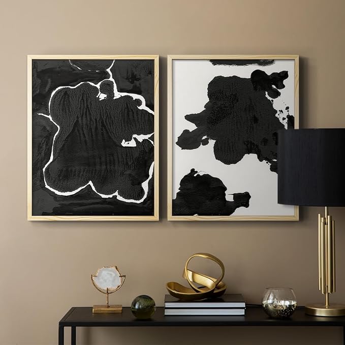 Renditions Gallery Set of 2 Peel & Stick Framed Prints, Fluid Abstract Wall Art, Black and White Inkblot Wall Decor, Re-Stickable - Ready to Hang - 11"x14" - NATURAL WOOD Frame LT588