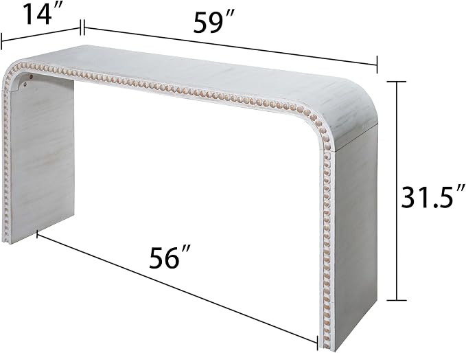 Wood Console Table, 59" Retro Long Sofa Table Behind Couch with Real Wood Beads Decor, Wooden Narrow Sofa Table Hall Table for Living Room Foyer Entrance Entryway, White
