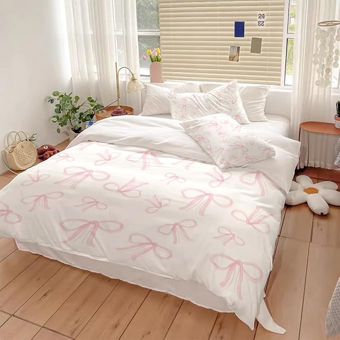 Trendy Pink Bows Duvet Cover Twin Size Coquette Decor Light Pink Bowknot Bed Cover Dreamy Princess Style Kids Girls Soft Bedding Set for Teens Funky Preppy Girl Room Decor Aesthetic 68"x88"