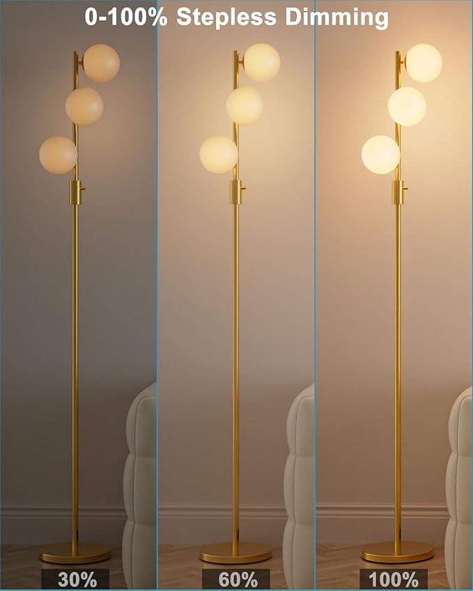 Lightdot 64IN Dimmable Globe Floor Lamp, Gold Standing Lamps with 3pcs 3000K G9 Bulbs Included Soft Warm White Eye Care, Mid Century Floor Lamp for Living Room/Sofa Beside/Corner Decor