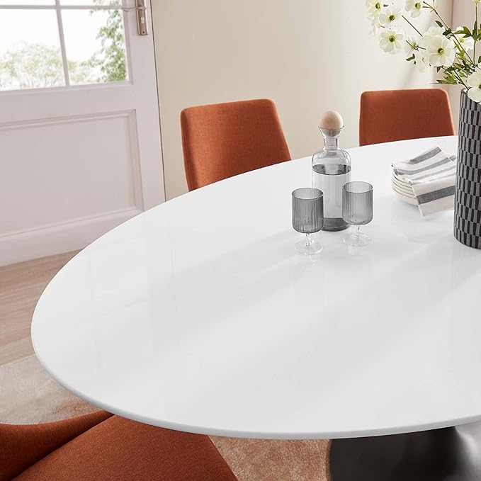 Modway Lippa 78" Oval-Shaped Mid-Century Modern Dining Table with White Wood Top and Black Base